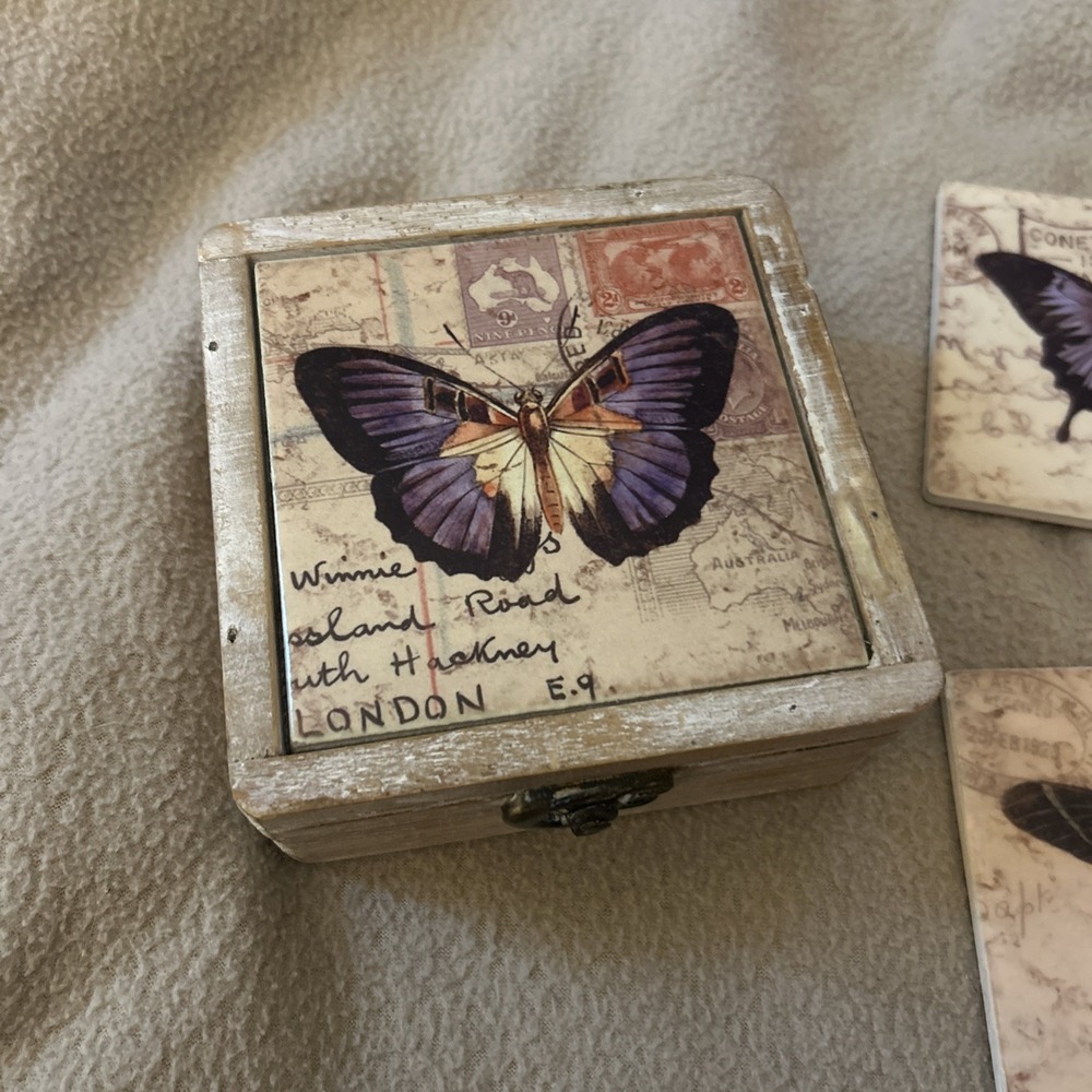 Ceramic Tile Coasters Butterflies With Wooden Hinged Box Glazed Nature